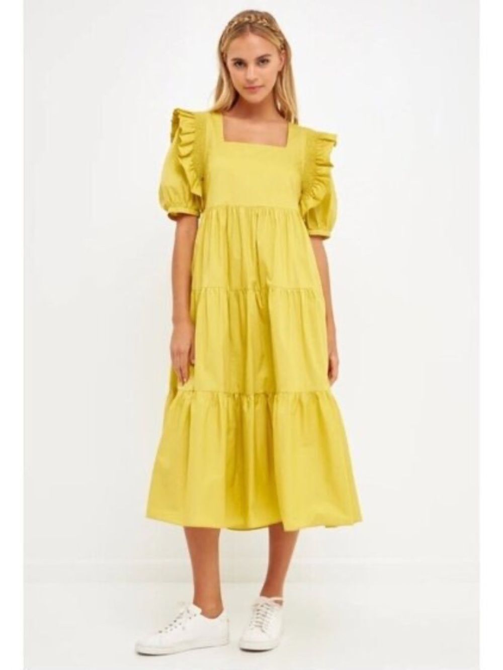 English Factory Tiered Square Neck Ruffle Smocked Midi Dress Lime Green Size S